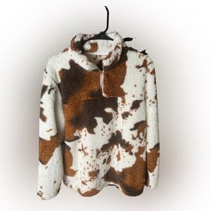Trendy Cow Print Sherpa/Fleece Quarter Zip High Collar Pullover Size Large